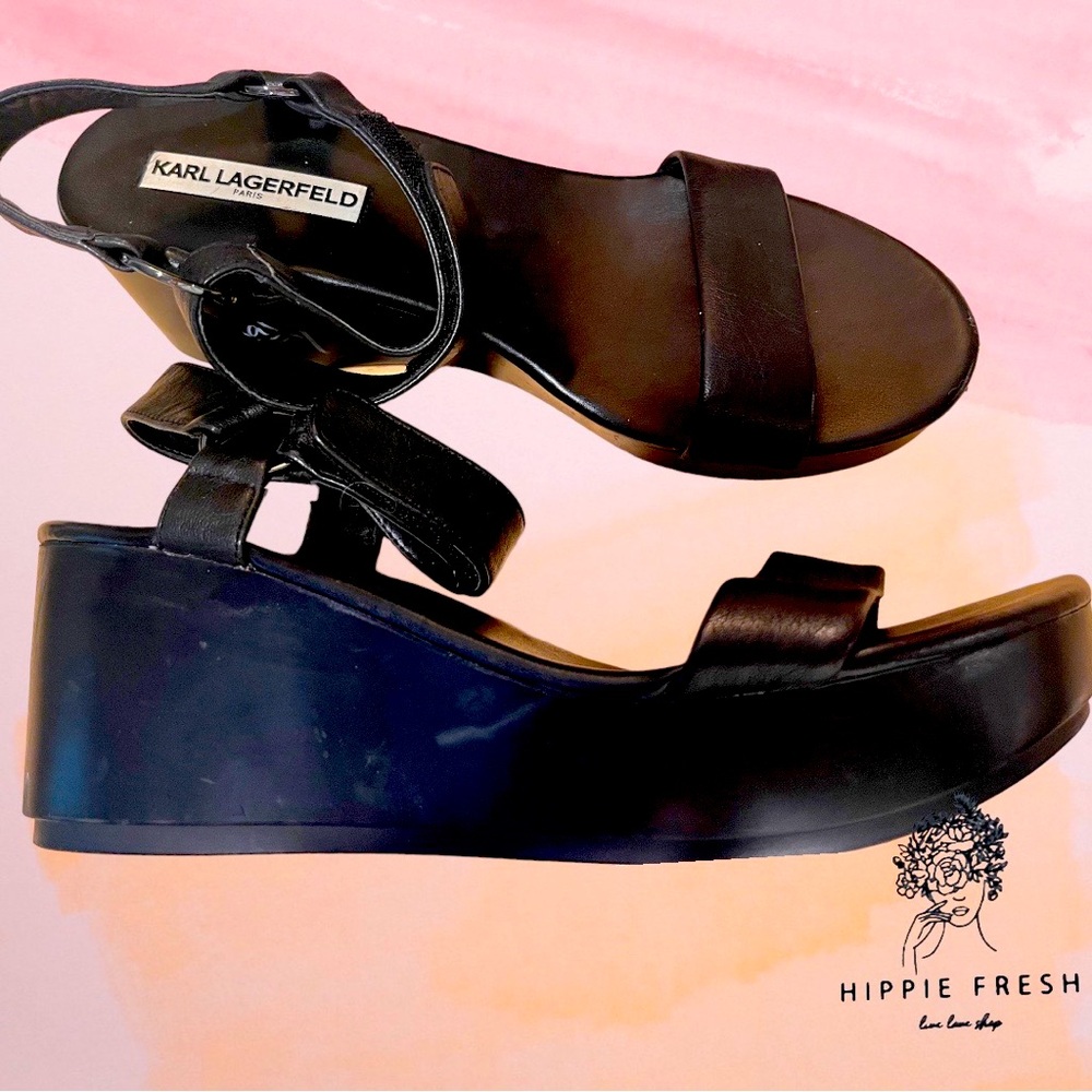 Karl Lagerfeld Black Lana Leather Wedge Sandals Size 8.5 M